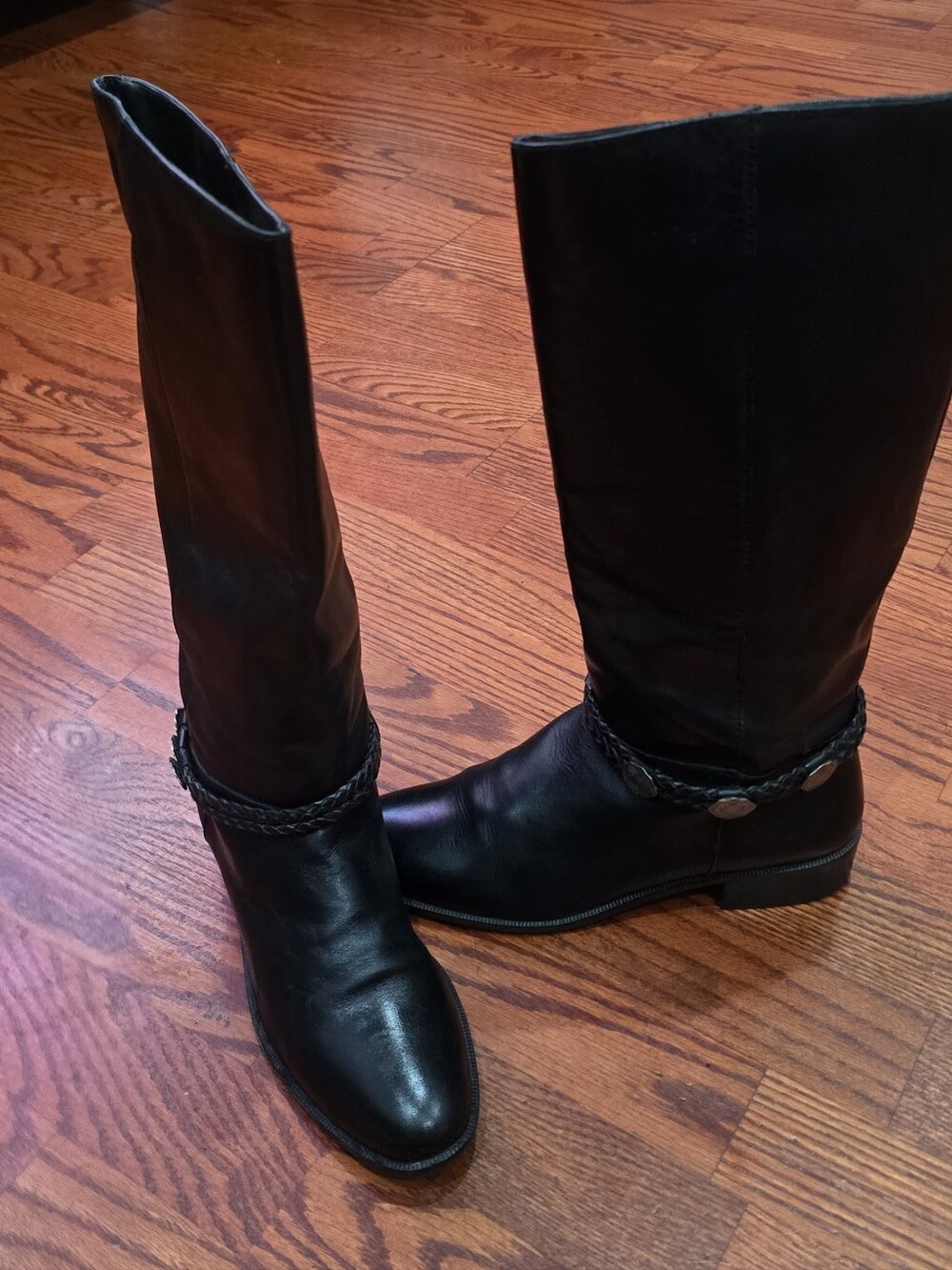 Vtg UNISA Black Leather Equestrian Riding Boots Concho Strap Size 8.5AA Brazil